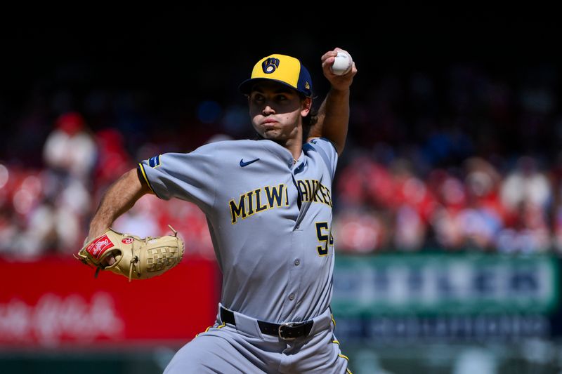 Sep 21, 2025; St. Louis, Missouri, USA; Milwaukee Brewers starting pitcher Robert Gasser (54) pitches against the St. Louis Cardinals during the first inning at Busch Stadium. Mandatory Credit: Jeff Curry-Imagn Images