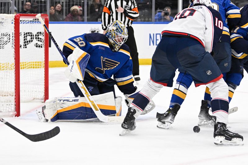 Jan 30, 2024; St. Louis, Missouri, USA; St. Louis Blues goaltender Jordan Binnington (50) defends the net from the Columbus Blue Jackets during the third period at Enterprise Center. Mandatory Credit: Jeff Le-USA TODAY Sports