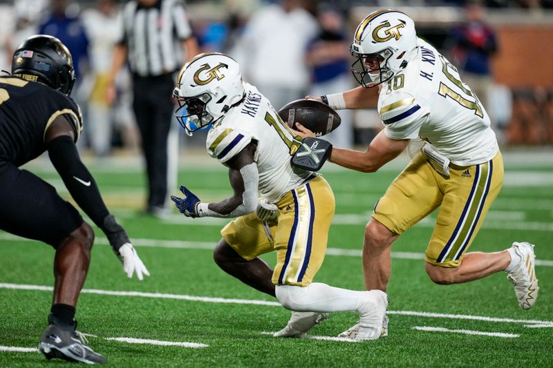 Sep 23, 2023; Winston-Salem, North Carolina, USA; Georgia Tech Yellow Jackets quarterback Haynes King (10) pulls the ball back for a keeper against the Wake Forest Demon Deacons during the second half at Allegacy Federal Credit Union Stadium. Mandatory Credit: Jim Dedmon-USA TODAY Sports