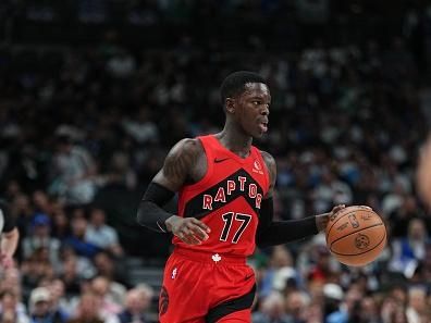 DALLAS, TX - NOVEMBER 8: Dennis Schroder #17 of the Toronto Raptors brings the ball up court against the Dallas Mavericks on November 8, 2023 at the American Airlines Center in Dallas, Texas. NOTE TO USER: User expressly acknowledges and agrees that, by downloading and or using this photograph, User is consenting to the terms and conditions of the Getty Images License Agreement. Mandatory Copyright Notice: Copyright 2023 NBAE (Photo by Glenn James/NBAE via Getty Images)