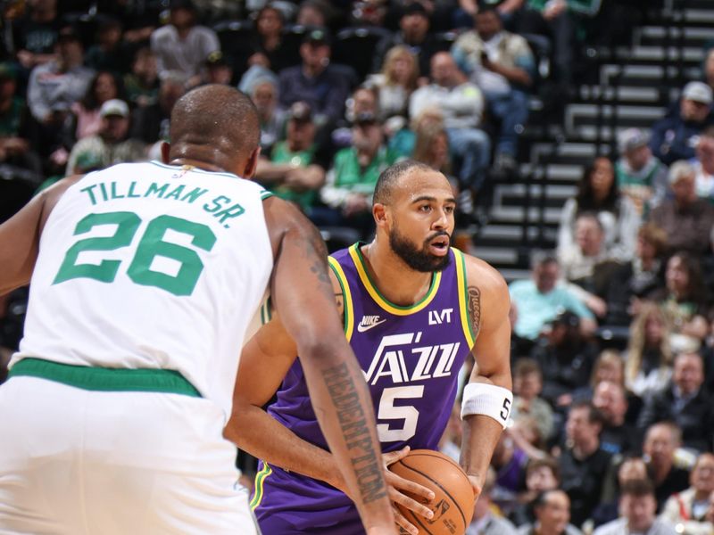 SALT LAKE CITY, UT - MARCH 12:  Talen Horton-Tucker #5 of the Utah Jazz handles the ball during the game  on March 12, 2024 at Delta Center in Salt Lake City, Utah. NOTE TO USER: User expressly acknowledges and agrees that, by downloading and or using this Photograph, User is consenting to the terms and conditions of the Getty Images License Agreement. Mandatory Copyright Notice: Copyright 2024 NBAE (Photo by Melissa Majchrzak/NBAE via Getty Images)
