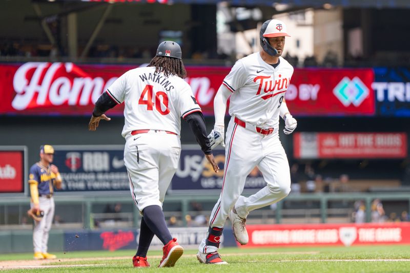 Jul 21, 2024; Minneapolis, Minnesota, USA; Minnesota Twins designated hitter Trevor Larnach (9) jogs for home plate after hitting a home run agains the Milwaukee Brewers in the fifth inning at Target Field. Mandatory Credit: Matt Blewett-USA TODAY Sports