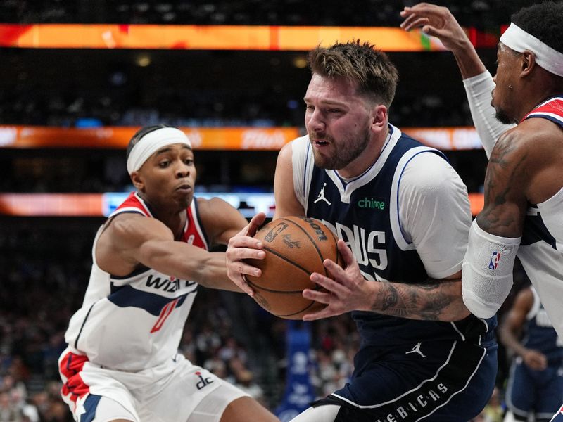 DALLAS, TX - FEBRUARY 12: Luka Doncic #77 of the Dallas Mavericks drives to the basket during the game against the Washington Wizards on February 12, 2024 at the American Airlines Center in Dallas, Texas. NOTE TO USER: User expressly acknowledges and agrees that, by downloading and or using this photograph, User is consenting to the terms and conditions of the Getty Images License Agreement. Mandatory Copyright Notice: Copyright 2024 NBAE (Photo by Glenn James/NBAE via Getty Images)