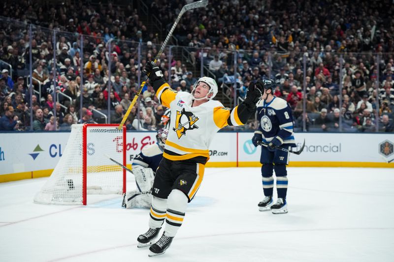 Jan 4, 2026; Columbus, Ohio, USA;  Pittsburgh Penguins center Noel Acciari (55) celebrates scoring a goal against the Columbus Blue Jackets in the second period at Nationwide Arena. Mandatory Credit: Aaron Doster-Imagn Images
