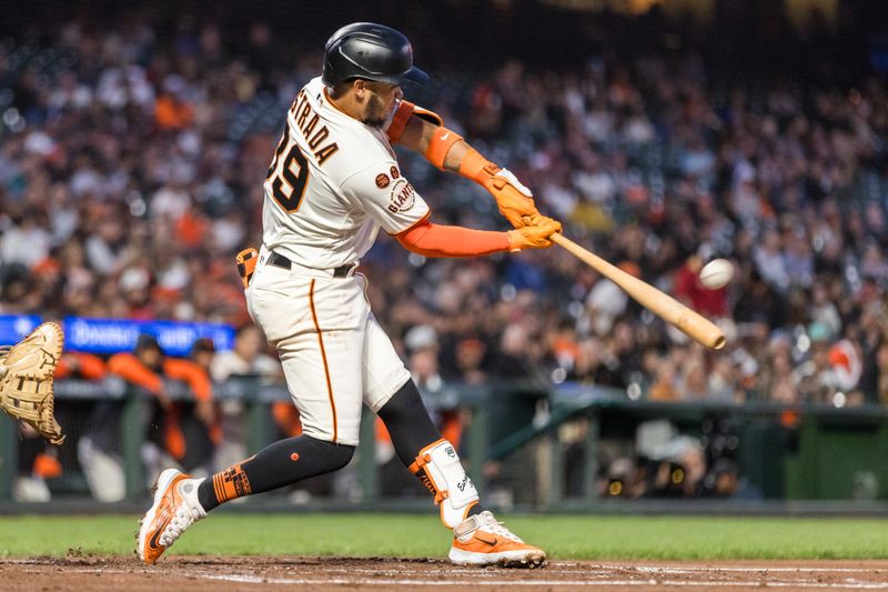 Sep 27, 2023; San Francisco, California, USA; San Francisco Giants second baseman Thairo Estrada (39) hits a solo home run against the San Diego Padres during the second inning at Oracle Park. Mandatory Credit: John Hefti-USA TODAY Sports