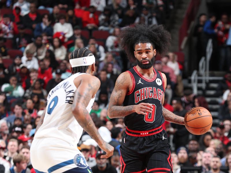 CHICAGO, IL - NOVEMBER 7: Coby White #0 of the Chicago Bulls dribbles the ball during the game against the Minnesota Timberwolves on November 7, 2024 at United Center in Chicago, Illinois. NOTE TO USER: User expressly acknowledges and agrees that, by downloading and or using this photograph, User is consenting to the terms and conditions of the Getty Images License Agreement. Mandatory Copyright Notice: Copyright 2024 NBAE (Photo by Jeff Haynes/NBAE via Getty Images)