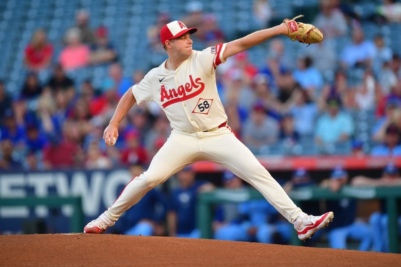 Aug 12, 2024; Anaheim, California, USA; Los Angeles Angels pitcher Davis Daniel (58) throws against the Toronto Blue Jays during the first inning at Angel Stadium. Mandatory Credit: Gary A. Vasquez-USA TODAY Sports