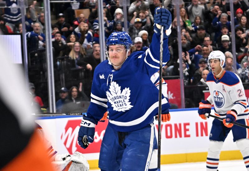 Mar 23, 2024; Toronto, Ontario, CAN; Toronto Maple Leafs forward Bobby McMann (74) celebrates after scoring against the Edmonton Oilers in the first period at Scotiabank Arena. Mandatory Credit: Dan Hamilton-USA TODAY Sports