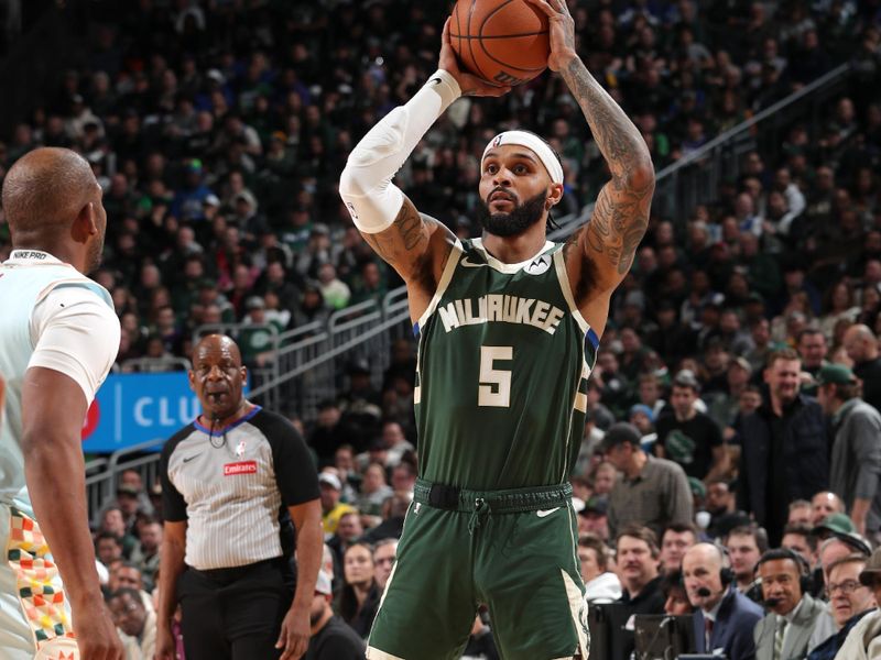 MILWAUKEE, WI - JANUARY 8: Gary Trent Jr. #5 of the Milwaukee Bucks looks to pass the ball during the game against the San Antonio Spurs on January 8, 2025 at the Fiserv Forum Center in Milwaukee, Wisconsin. NOTE TO USER: User expressly acknowledges and agrees that, by downloading and or using this Photograph, user is consenting to the terms and conditions of the Getty Images License Agreement. Mandatory Copyright Notice: Copyright 2025 NBAE (Photo by Gary Dineen/NBAE via Getty Images).