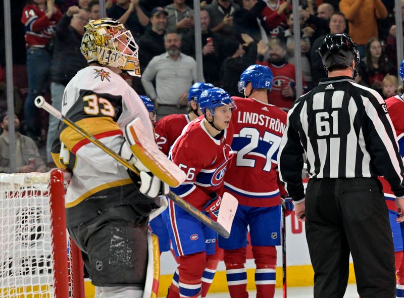 Nov 16, 2023; Montreal, Quebec, CAN; Montreal Canadiens forward Jesse Ylonen (56) celebrates with teammates after scoring a goal against Vegas Golden Knights goalie Adin Hill (33) during the second period at the Bell Centre. Mandatory Credit: Eric Bolte-USA TODAY Sports