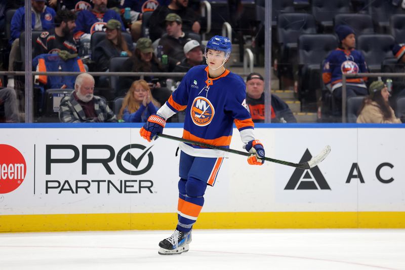 Nov 7, 2025; Elmont, New York, USA; New York Islanders defenseman Matthew Schaefer (48) skates against the Minnesota Wild during the third period at UBS Arena. Mandatory Credit: Brad Penner-Imagn Images