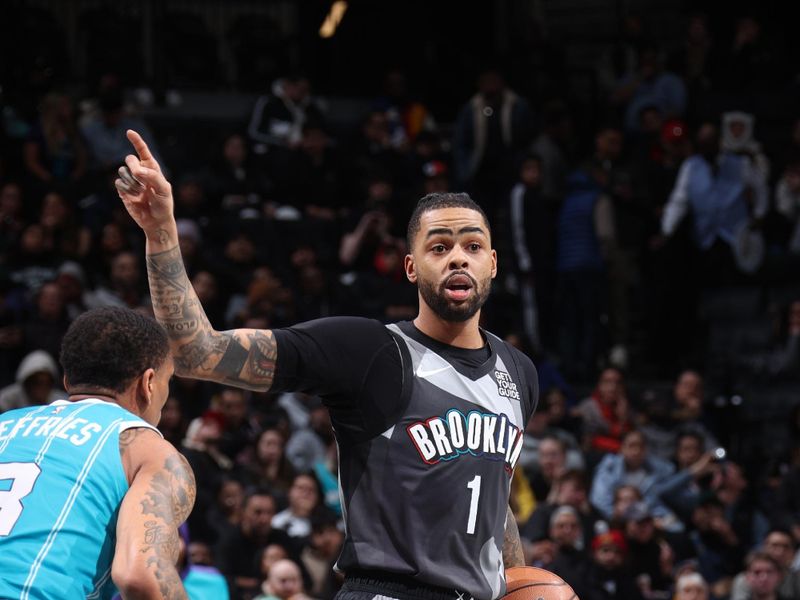 BROOKLYN, NY - FEBRUARY 10: D'Angelo Russell #1 of the Brooklyn Nets dribbles the ball during the game against the Charlotte Hornets on February 10, 2025 at Barclays Center in Brooklyn, New York. NOTE TO USER: User expressly acknowledges and agrees that, by downloading and or using this Photograph, user is consenting to the terms and conditions of the Getty Images License Agreement. Mandatory Copyright Notice: Copyright 2025 NBAE (Photo by Nathaniel S. Butler/NBAE via Getty Images)