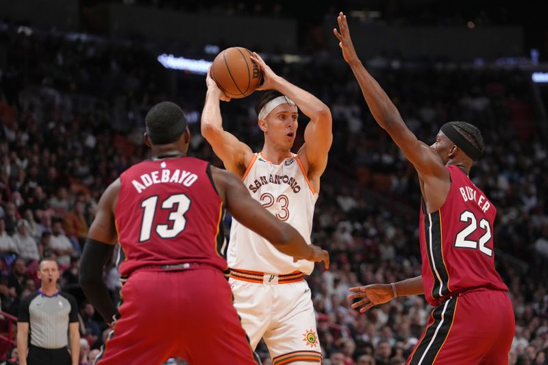 MIAMI, FL - FEBRUARY 7: Zach Collins #23 of the San Antonio Spurs handles the ball during the game against the Miami Heat on February 7, 2024 at Kaseya Center in Miami, Florida. NOTE TO USER: User expressly acknowledges and agrees that, by downloading and or using this Photograph, user is consenting to the terms and conditions of the Getty Images License Agreement. Mandatory Copyright Notice: Copyright 2024 NBAE (Photo by Eric Espada/NBAE via Getty Images)