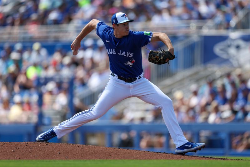 Mar 12, 2024; Dunedin, Florida, USA;  Toronto Blue Jays pitcher Nick Fraze (36) throws a pitch against the New York Yankees in the first inning at TD Ballpark. Mandatory Credit: Nathan Ray Seebeck-USA TODAY Sports