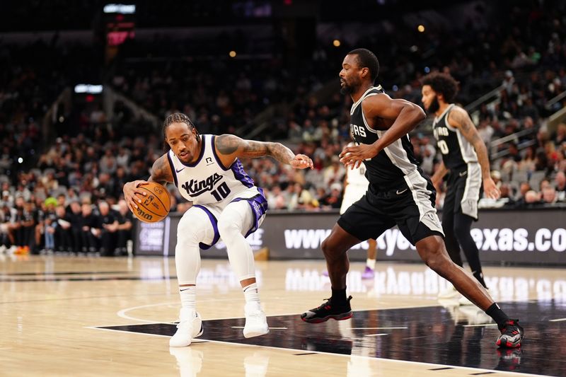 SAN ANTONIO, TX - DECEMBER 6: DeMar DeRozan #10 of the Sacramento Kings dribbles the ball during the game against the San Antonio Spurs on December 6, 2024 at the Frost Bank Center in San Antonio, Texas. NOTE TO USER: User expressly acknowledges and agrees that, by downloading and or using this photograph, user is consenting to the terms and conditions of the Getty Images License Agreement. Mandatory Copyright Notice: Copyright 2024 NBAE (Photos by Darren Carroll/NBAE via Getty Images)