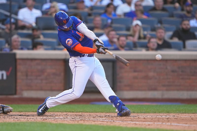 Sep 14, 2023; New York City, New York, USA; New York Mets first baseman Pete Alonso (20) hits an RBI double against the Arizona Diamondbacks during the fifth inning at Citi Field. Mandatory Credit: Gregory Fisher-USA TODAY Sports