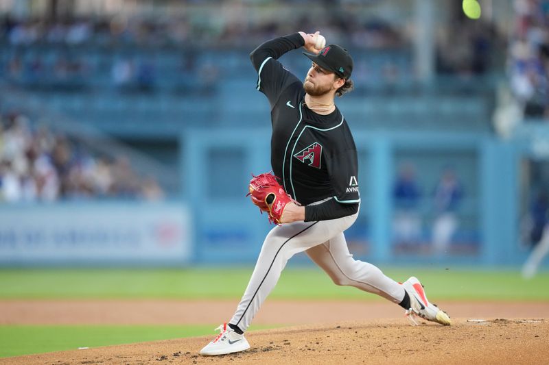May 20, 2025; Los Angeles, California, USA; Arizona Diamondbacks pitcher Ryne Nelson (19) throws a pitch in the first inning against the Los Angeles Dodgers at Dodger Stadium. Mandatory Credit: Kirby Lee-Imagn Images