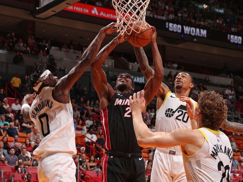 MIAMI, FL - MARCH 2: Jimmy Butler #22 of the Miami Heat drives to the basket during the game against the Utah Jazz on March 2, 2024 at Kaseya Center in Miami, Florida. NOTE TO USER: User expressly acknowledges and agrees that, by downloading and or using this Photograph, user is consenting to the terms and conditions of the Getty Images License Agreement. Mandatory Copyright Notice: Copyright 2024 NBAE (Photo by Issac Baldizon/NBAE via Getty Images)