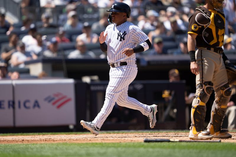 May 28, 2023; Bronx, New York, USA; New York Yankees designated hitter Willie Calhoun (24) scores a run on New York Yankees left fielder Isiah Kiner-Falefa (12) (not pictured) RBI single against the San Diego Padres during the third inning at Yankee Stadium. Mandatory Credit: Gregory Fisher-USA TODAY Sports