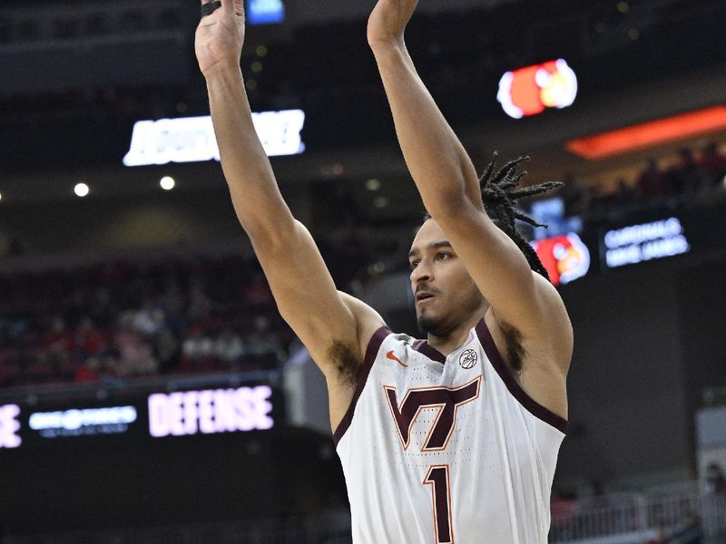 Feb 28, 2023; Louisville, Kentucky, USA; Virginia Tech Hokies guard Rodney Rice (1) shoots against the Louisville Cardinals during the first half at KFC Yum! Center. /Virginia Tech defeated Louisville 71-54. Mandatory Credit: Jamie Rhodes-USA TODAY Sports