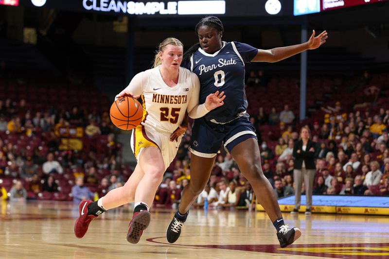 Jan 31, 2024; Minneapolis, Minnesota, USA; Minnesota Golden Gophers guard Grace Grocholski (25) works around Penn State Nittany Lions guard Ashley Owusu (0) during the first half at Williams Arena. Mandatory Credit: Matt Krohn-USA TODAY Sports
