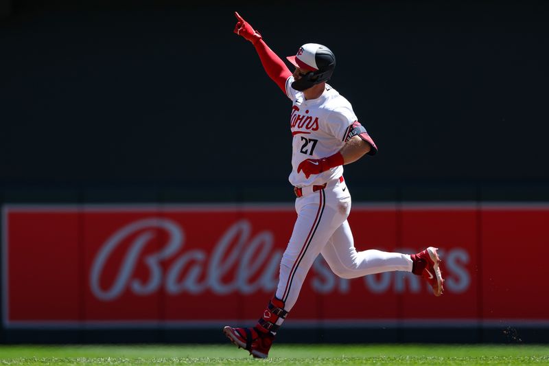 May 5, 2024; Minneapolis, Minnesota, USA; Minnesota Twins Ryan Jeffers (27) celebrates his home run against the Boston Red Sox during the third inning at Target Field. Mandatory Credit: Matt Krohn-USA TODAY Sports