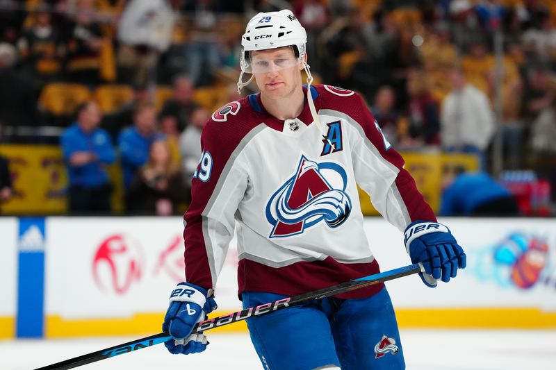 Apr 14, 2024; Las Vegas, Nevada, USA; Colorado Avalanche center Nathan MacKinnon (29) warms up before the start of a game against the Vegas Golden Knights at T-Mobile Arena. Mandatory Credit: Stephen R. Sylvanie-USA TODAY Sports