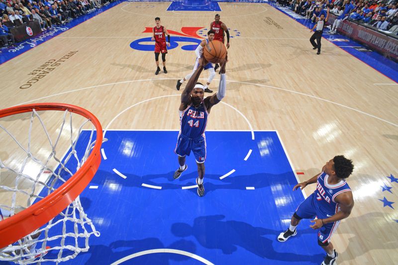 PHILADELPHIA, PA - APRIL 17: Paul Reed #44 of the Philadelphia 76ers rebounds the ball during the game against the Miami Heat during the 2024 NBA Play-In Tournament on April 17, 2024 at the Wells Fargo Center in Philadelphia, Pennsylvania NOTE TO USER: User expressly acknowledges and agrees that, by downloading and/or using this Photograph, user is consenting to the terms and conditions of the Getty Images License Agreement. Mandatory Copyright Notice: Copyright 2024 NBAE (Photo by Jesse D. Garrabrant/NBAE via Getty Images)