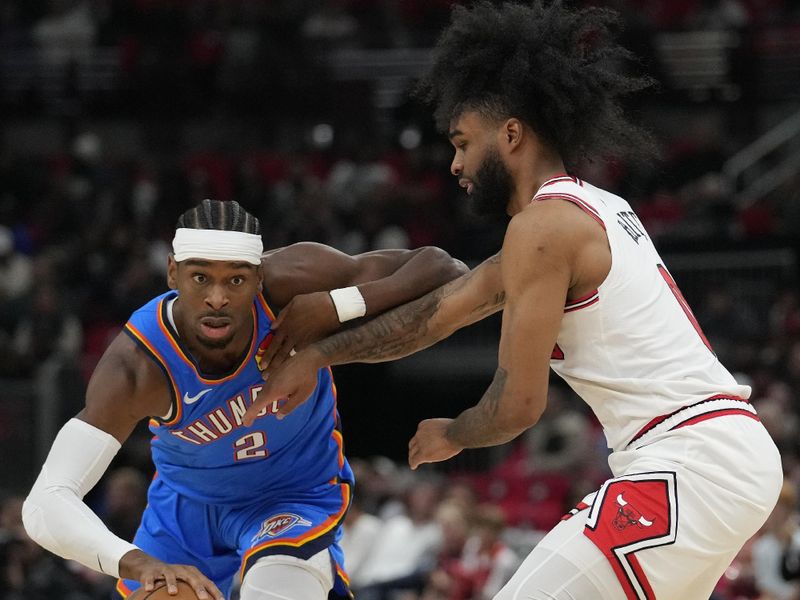 CHICAGO, ILLINOIS - OCTOBER 26: Shai Gilgeous-Alexander #2 of the Oklahoma City Thunder dribbles the ball against Coby White #0 of the Chicago Bulls at the United Center on October 26, 2024 in Chicago, Illinois. NOTE TO USER: User expressly acknowledges and agrees that, by downloading and or using this photograph, User is consenting to the terms and conditions of the Getty Images License Agreement. (Photo by Patrick McDermott/Getty Images)