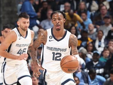 MEMPHIS, TN - OCTOBER 19: Ja Morant #12 of the Memphis Grizzlies dribbles the ball during the game against the New York Knicks on October 19, 2022 at FedExForum in Memphis, Tennessee. NOTE TO USER: User expressly acknowledges and agrees that, by downloading and or using this photograph, User is consenting to the terms and conditions of the Getty Images License Agreement. Mandatory Copyright Notice: Copyright 2022 NBAE (Photo by Joe Murphy/NBAE via Getty Images)