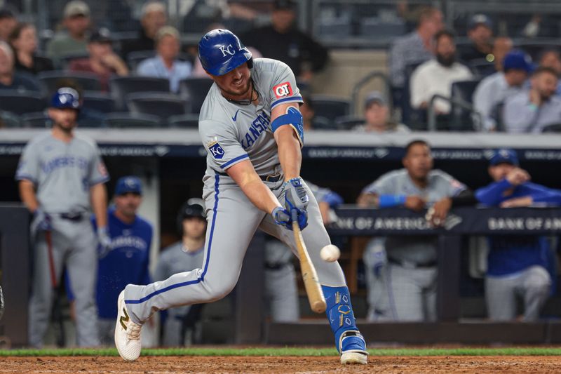 Sep 10, 2024; Bronx, New York, USA; Kansas City Royals right fielder Hunter Renfroe (16) singles during the eighth inning against the New York Yankees at Yankee Stadium. Mandatory Credit: Vincent Carchietta-Imagn Images