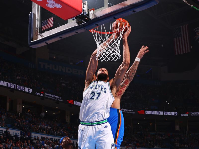 OKLAHOMA CITY, OK - JANUARY 29: Rudy Gobert #27 of the Minnesota Timberwolves drives to the basket during the game against the Oklahoma City Thunder on January 29, 2024 at Paycom Arena in Oklahoma City, Oklahoma. NOTE TO USER: User expressly acknowledges and agrees that, by downloading and or using this photograph, User is consenting to the terms and conditions of the Getty Images License Agreement. Mandatory Copyright Notice: Copyright 2024 NBAE (Photo by Zach Beeker/NBAE via Getty Images)