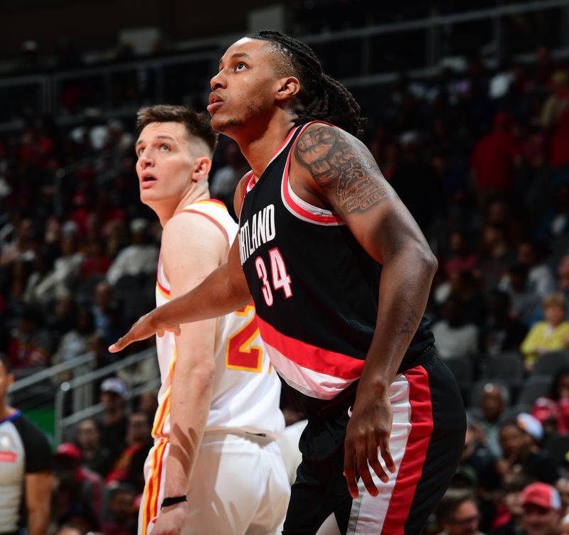 ATLANTA, GA - MARCH 27: Jabari Walker #34 of the Portland Trail Blazers looks on during the game against the Atlanta Hawks on March 27, 2024 at State Farm Arena in Atlanta, Georgia.  NOTE TO USER: User expressly acknowledges and agrees that, by downloading and/or using this Photograph, user is consenting to the terms and conditions of the Getty Images License Agreement. Mandatory Copyright Notice: Copyright 2024 NBAE (Photo by Scott Cunningham/NBAE via Getty Images)