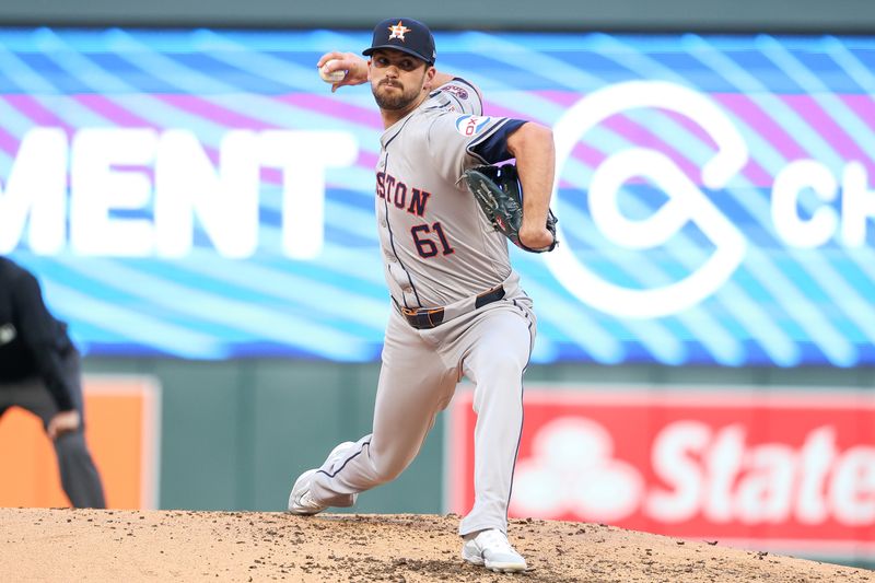 Jul 5, 2024; Minneapolis, Minnesota, USA; Houston Astros pitcher Seth Martinez (61) pitches against the Minnesota Twins during the third inning at Target Field. Mandatory Credit: Matt Krohn-USA TODAY Sports