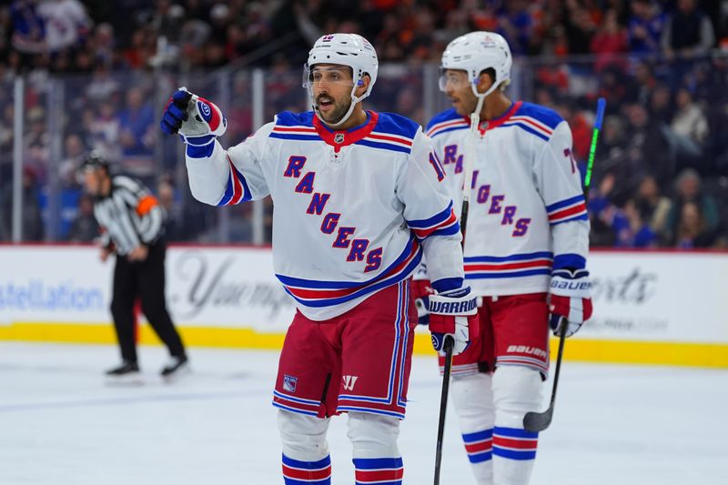 Nov 29, 2024; Philadelphia, Pennsylvania, USA; New York Rangers center Vincent Trocheck (16) reacts after scoring a goal against the Philadelphia Flyers in the second period at Wells Fargo Center. Mandatory Credit: Kyle Ross-Imagn Images