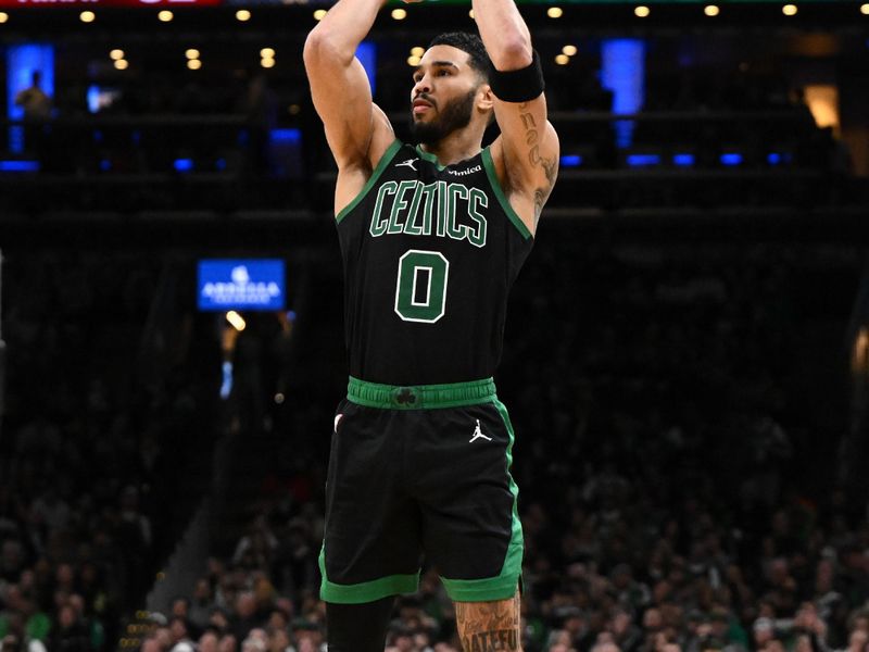 BOSTON, MASSACHUSETTS - DECEMBER 02: Jayson Tatum #0 of the Boston Celtics attempts a three-point shot against the Miami Heat during the third quarter at the TD Garden on December 02, 2024 in Boston, Massachusetts. NOTE TO USER: User expressly acknowledges and agrees that, by downloading and or using this photograph, User is consenting to the terms and conditions of the Getty Images License Agreement. (Photo by Brian Fluharty/Getty Images)