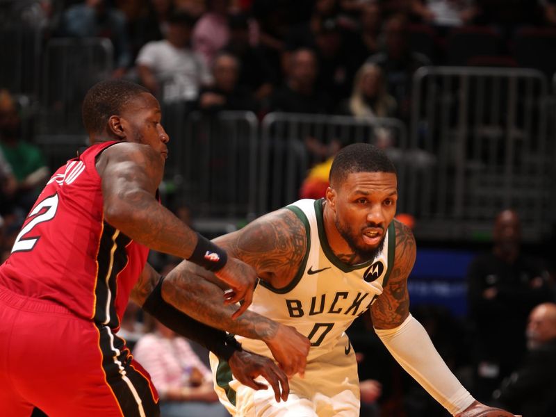 MIAMI, FL - NOVEMBER 26: Damian Lillard #0 of the Milwaukee Bucks handles the ball during the game against the Miami Heat during the Emirates NBA Cup game on November 26, 2024 at Kaseya Center in Miami, Florida. NOTE TO USER: User expressly acknowledges and agrees that, by downloading and or using this Photograph, user is consenting to the terms and conditions of the Getty Images License Agreement. Mandatory Copyright Notice: Copyright 2024 NBAE (Photo by Issac Baldizon/NBAE via Getty Images)