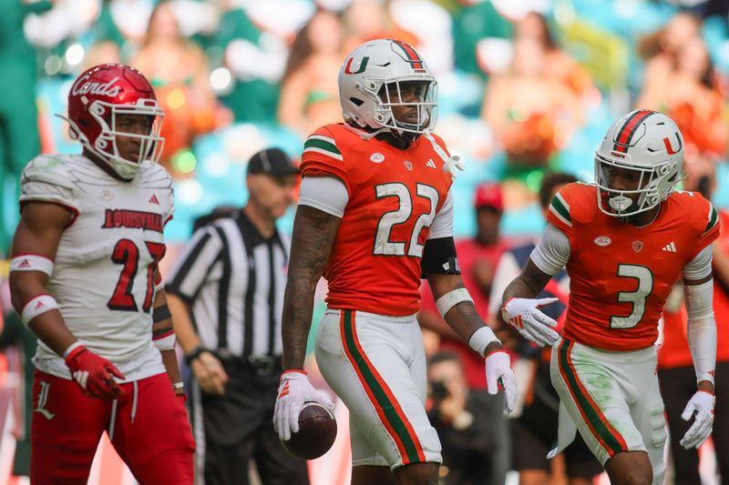 Nov 18, 2023; Miami Gardens, Florida, USA; Miami Hurricanes running back Mark Fletcher Jr. (22) looks on after scoring a touchdown against the Louisville Cardinals during the third quarter at Hard Rock Stadium. Mandatory Credit: Sam Navarro-USA TODAY Sports