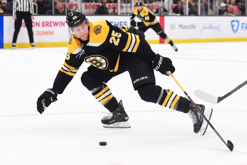 Oct 24, 2024; Boston, Massachusetts, USA;  Boston Bruins defenseman Brandon Carlo (25) tries to block a shot during the second period against the Dallas Stars at TD Garden. Mandatory Credit: Bob DeChiara-Imagn Images