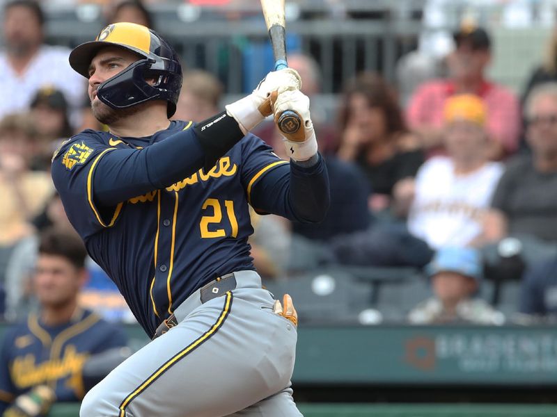 May 25, 2025; Pittsburgh, Pennsylvania, USA;  Milwaukee Brewers third baseman Caleb Durbin (21) hits a two run double against the Pittsburgh Pirates during the eighth inning at PNC Park. Mandatory Credit: Charles LeClaire-Imagn Images