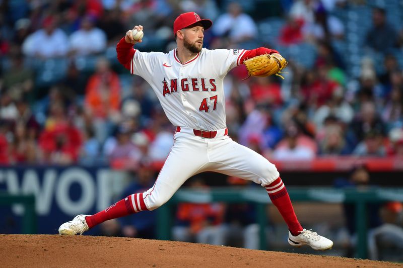 Jun 7, 2024; Anaheim, California, USA; Los Angeles Angels pitcher Griffin Canning (47) throws against the Houston Astros. during the fourth inning at Angel Stadium. Mandatory Credit: Gary A. Vasquez-USA TODAY Sports