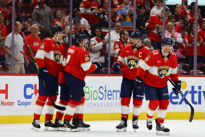 Nov 7, 2024; Sunrise, Florida, USA; Florida Panthers center Sam Reinhart (13) celebrates after scoring against the Nashville Predators during the first period at Amerant Bank Arena. Mandatory Credit: Sam Navarro-Imagn Images