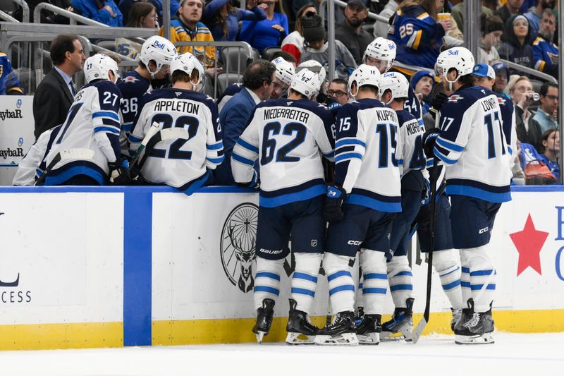 Oct 22, 2024; St. Louis, Missouri, USA; The Winnipeg Jets huddle up during the third period against the  St. Louis Blues at Enterprise Center. Mandatory Credit: Jeff Le-Imagn Images 