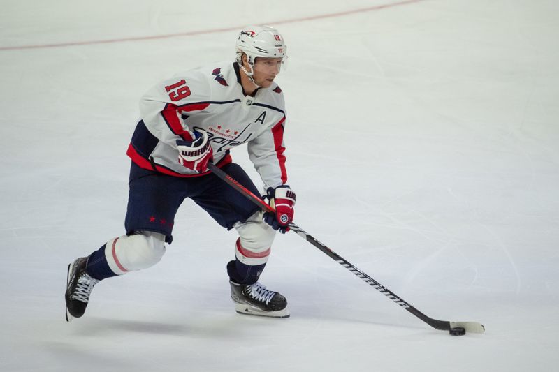 Oct 18, 2023; Ottawa, Ontario, CAN; Washington Capitals center Nicklas Backstrom (19) skates with the puck in the third period against the Ottawa Senators at the Canadian Tire Centre. Mandatory Credit: Marc DesRosiers-USA TODAY Sports