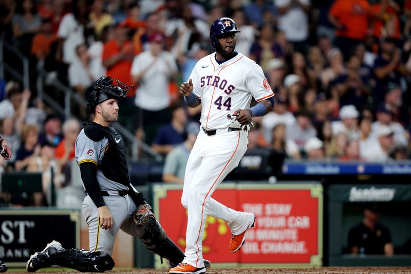 Jul 31, 2024; Houston, Texas, USA; Houston Astros left fielder Yordan Alvarez (44) scores a run against the Pittsburgh Pirates during the third inning at Minute Maid Park. Mandatory Credit: Erik Williams-USA TODAY Sports