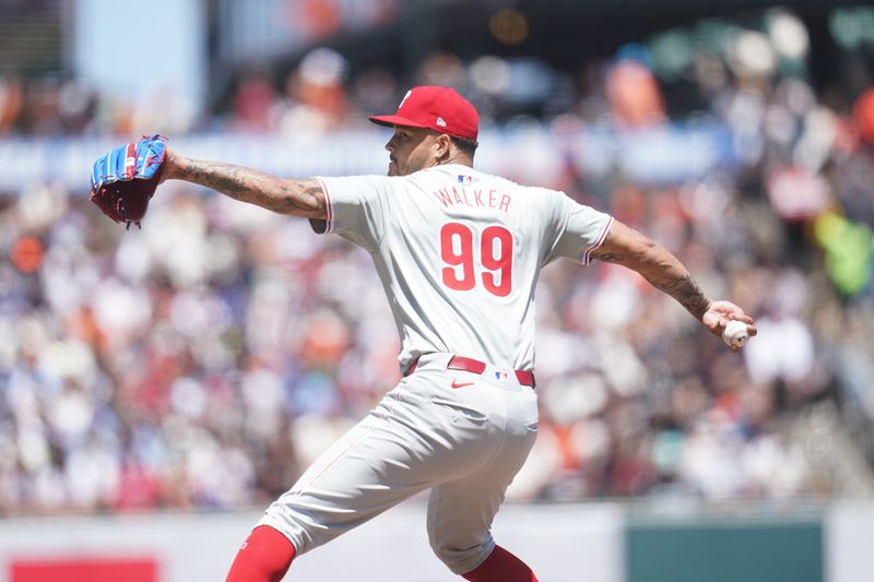 May 27, 2024; San Francisco, California, USA; Philadelphia Phillies starting pitcher Taijuan Walker (99) delivers a pitch against the San Francisco Giants in the first inning at Oracle Park. Mandatory Credit: Cary Edmondson-USA TODAY Sports