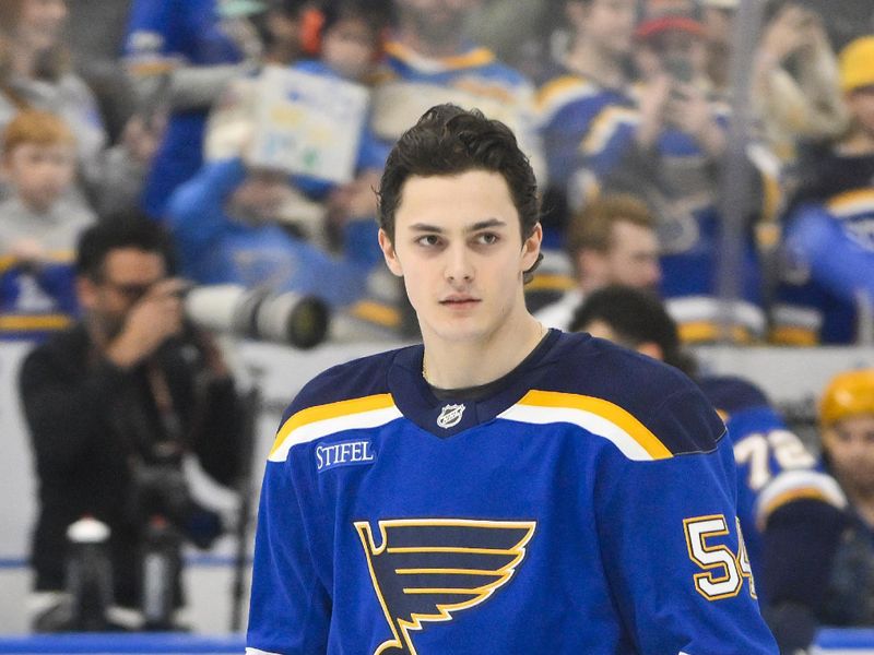 Mar 23, 2025; St. Louis, Missouri, USA;  St. Louis Blues center Dalibor Dvorsky (54) skates during his rookie lap before his first NHL game against the Nashville Predators at Enterprise Center. Mandatory Credit: Jeff Curry-Imagn Images