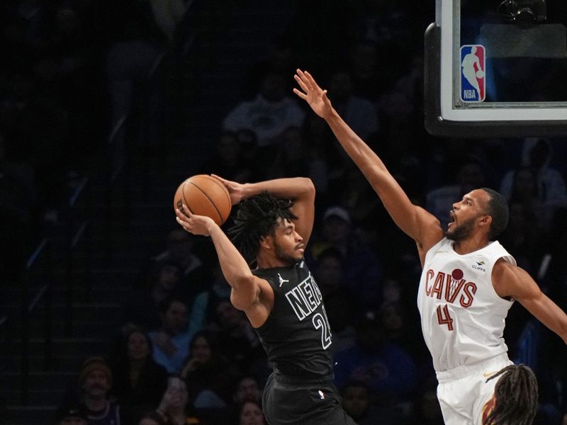 BROOKLYN, NY - FEBRUARY 8: Cam Thomas #24 of the Brooklyn Nets passes the ball during the game against the Cleveland Cavaliers on February 8, 2024 at Barclays Center in Brooklyn, New York. NOTE TO USER: User expressly acknowledges and agrees that, by downloading and or using this Photograph, user is consenting to the terms and conditions of the Getty Images License Agreement. Mandatory Copyright Notice: Copyright 2024 NBAE (Photo by Jesse D. Garrabrant/NBAE via Getty Images)