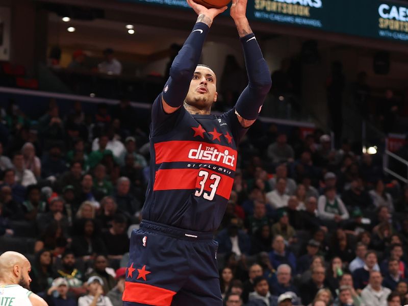 WASHINGTON, DC -? NOVEMBER 22: Kyle Kuzma #33 of the Washington Wizards shoots the ball during the game against the Boston Celtics during the NBA Emirates Cup game on November 22, 2024 at Capital One Arena in Washington, DC. NOTE TO USER: User expressly acknowledges and agrees that, by downloading and or using this Photograph, user is consenting to the terms and conditions of the Getty Images License Agreement. Mandatory Copyright Notice: Copyright 2024 NBAE (Photo by Kenny Giarla/NBAE via Getty Images)