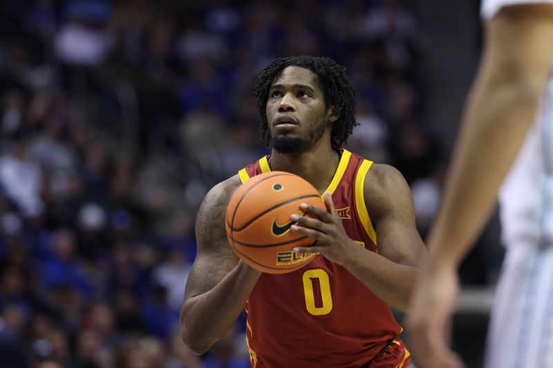 Jan 16, 2024; Provo, Utah, USA; Iowa State Cyclones forward Tre King (0) shoots a free throw against the Brigham Young Cougars during the second half at Marriott Center. Mandatory Credit: Rob Gray-USA TODAY Sports